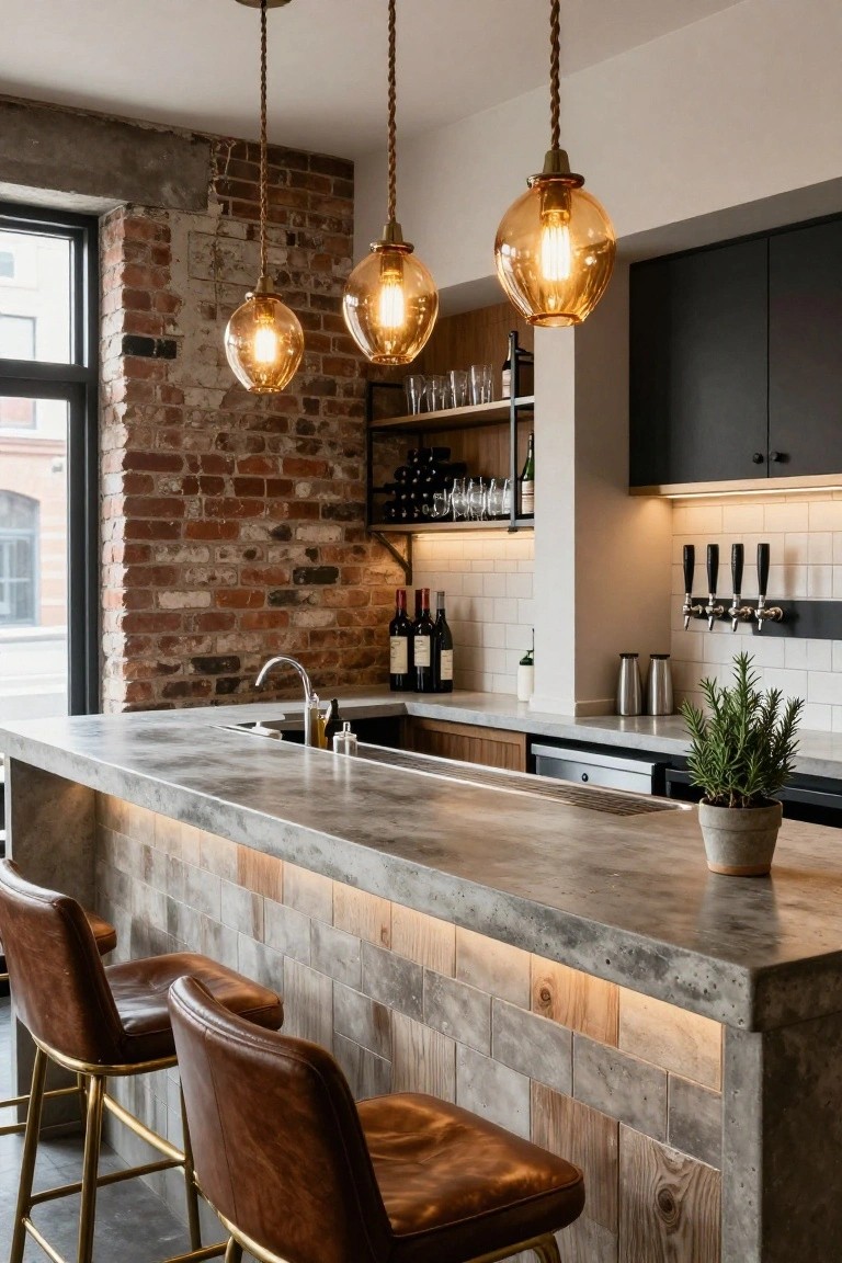 Indoor bar area featuring exposed brick wall, black cabinets, concrete countertop with sink, leather bar stools, wine bottles on shelves, beer taps, and three rope-wrapped orange globe pendant lights hanging above the counter.