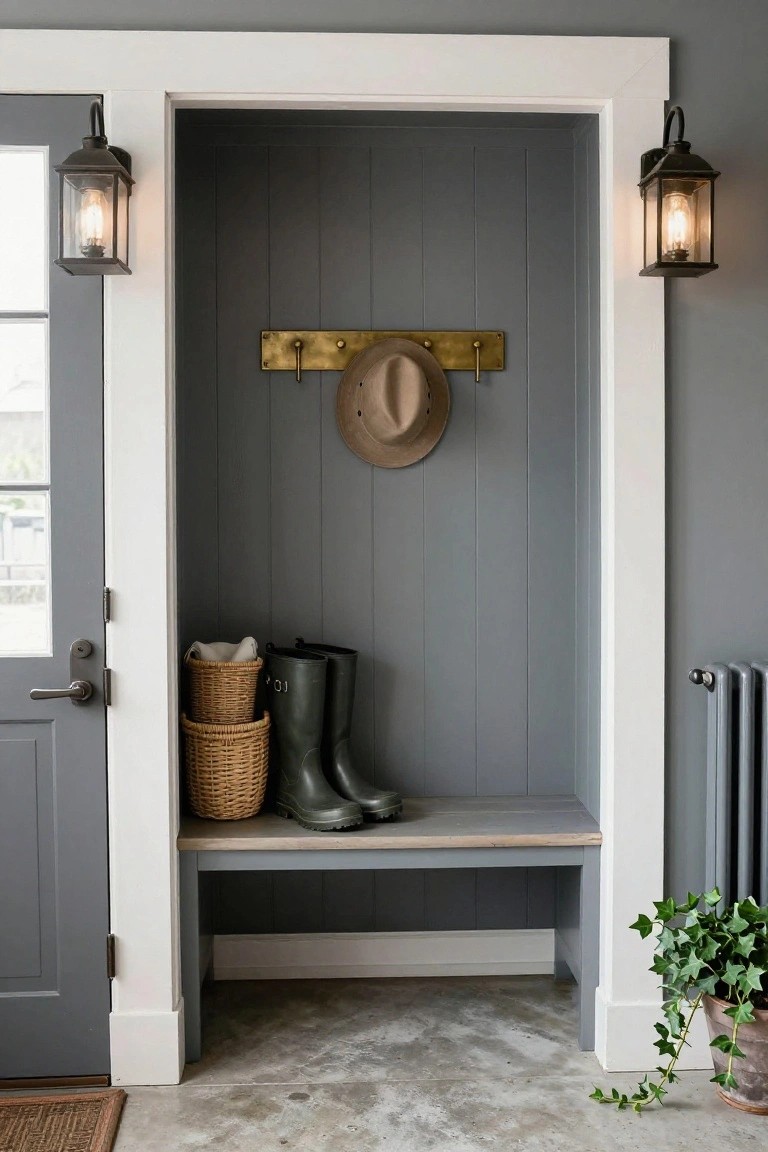Recessed interior niche with gray shiplap walls, wooden bench holding green rain boots and woven baskets, beige hat on brass wall hook, flanked by two lit bronze lantern sconces, gray door and radiator visible to the side, concrete floor and potted ivy plant nearby.