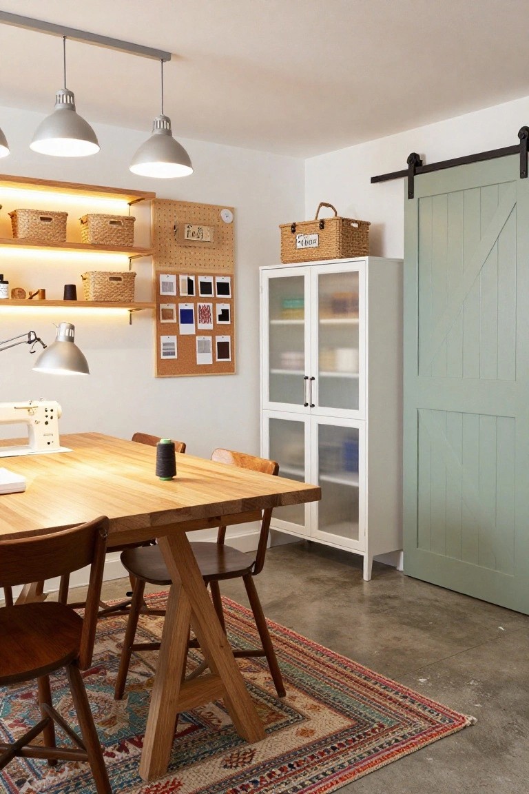Basement craft room with wooden trestle table holding sewing machine and spool of thread, wooden chairs on patterned rug, three hanging pendant lights overhead, open wood shelves with baskets, glass-front cabinet, and mint green barn door on concrete floor.