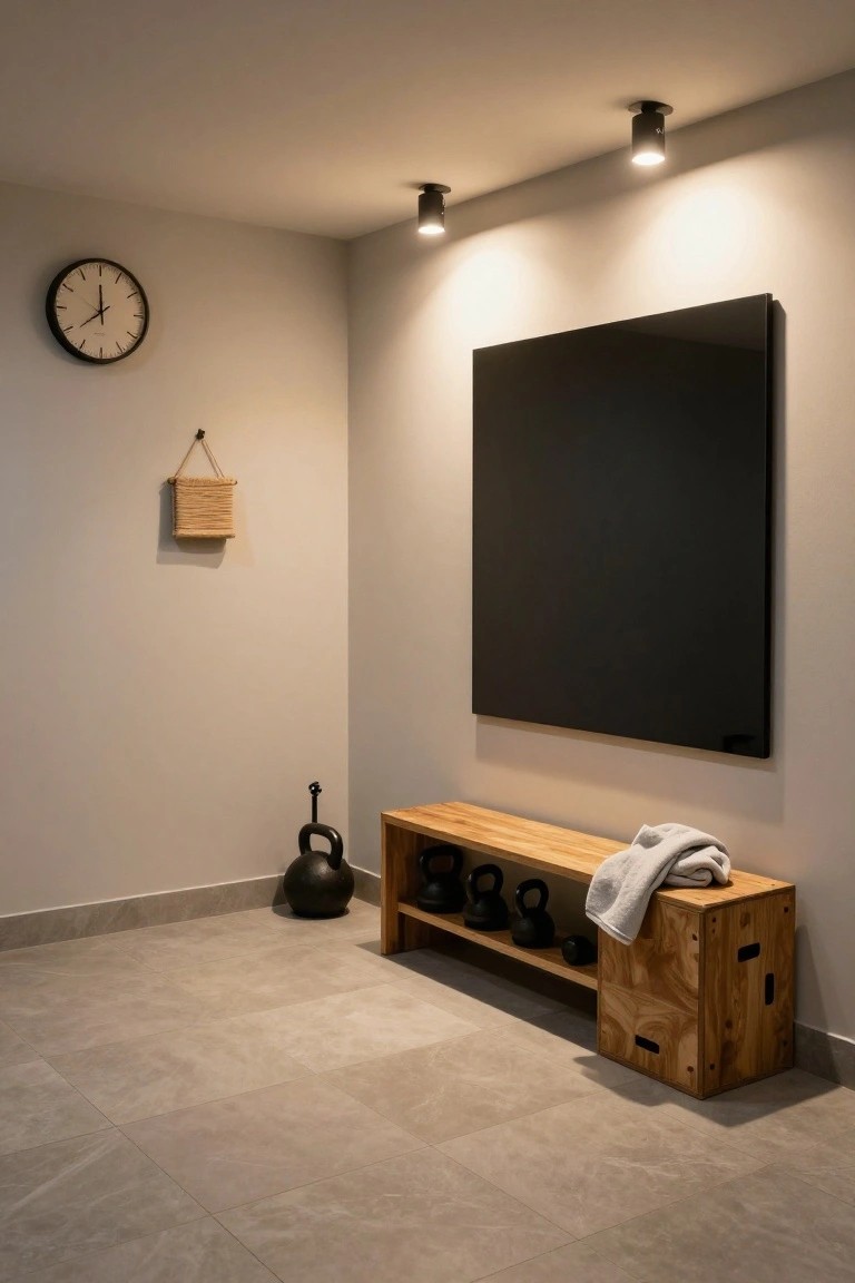 Corner of a beige-walled basement room featuring a wooden bench with kettlebells, a towel, black square wall panel, wall clock, woven basket, cast iron kettlebell on tiled floor, and two recessed ceiling spotlights.