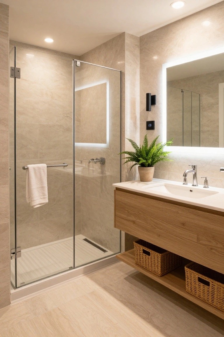 Modern bathroom with glass shower enclosure, wooden floating vanity, white sink, backlit rectangular mirror, potted fern plant, and beige tiled walls.