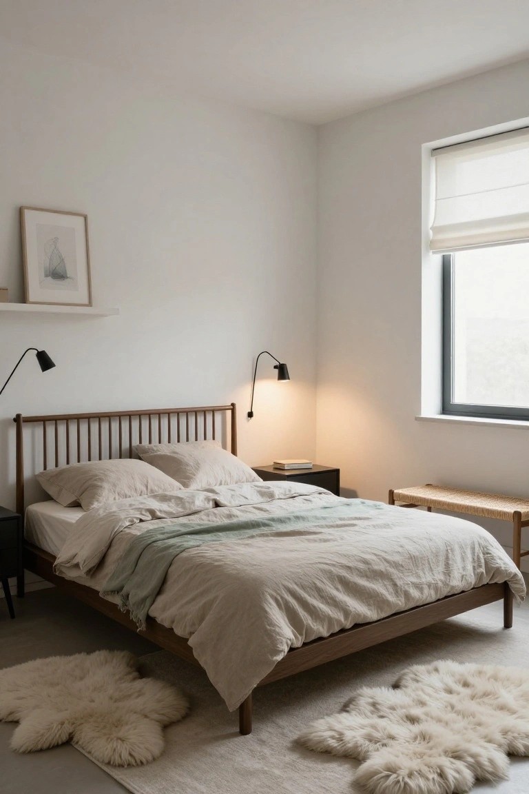 Bedroom with wooden bed frame, beige linen bedding and pillows, two black gooseneck wall sconces lit on either side, sheepskin rugs on light floor, nightstand, bench, and window with blinds.