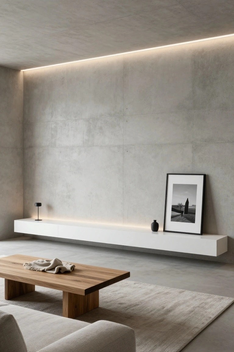 Modern interior room featuring gray concrete walls with recessed LED strip lighting along edges and under a white floating shelf, a wooden coffee table with a draped cloth, beige rug, and cream sofa corner.