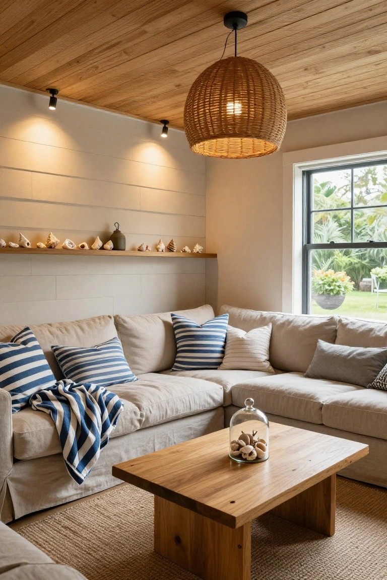 Cozy living room with beige sofa, striped cushions, wooden coffee table, and warm lighting.