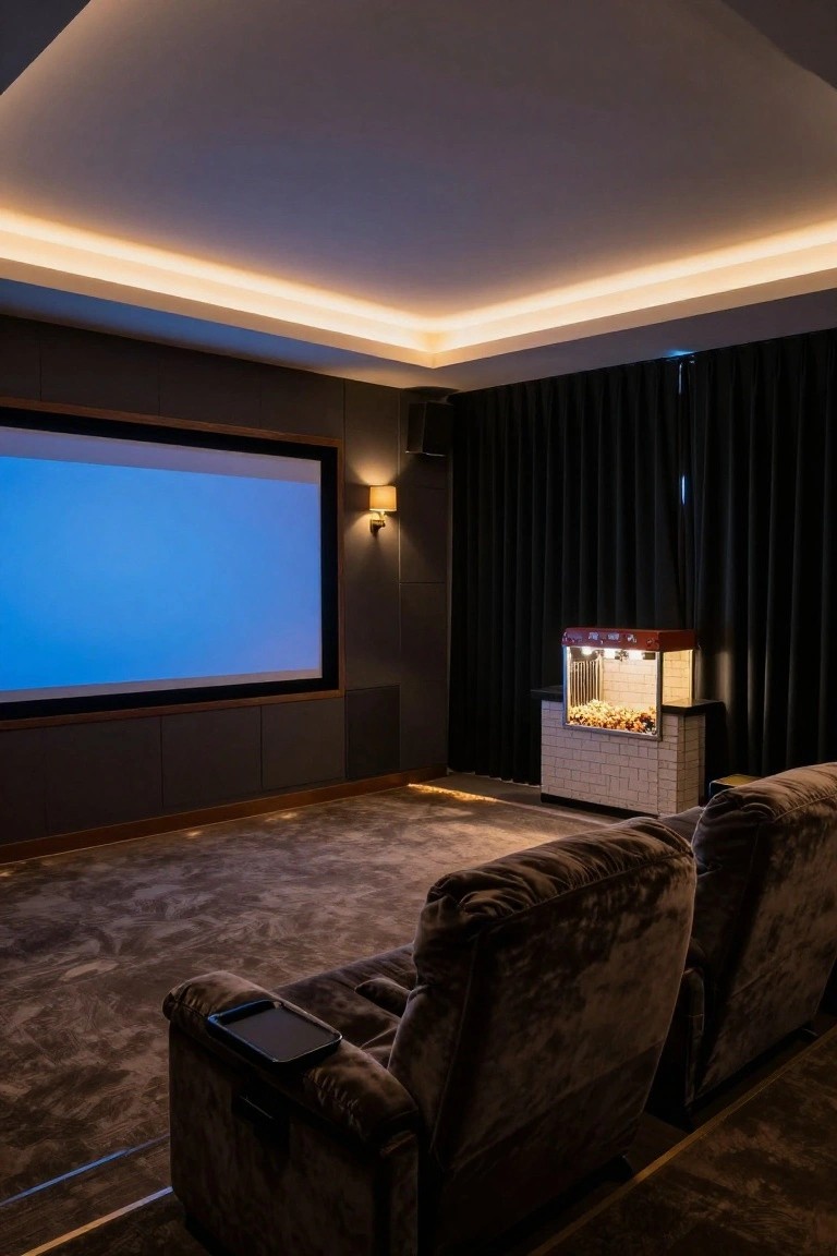 A basement home theater room with two upholstered reclining chairs facing a large blank projector screen, black curtains on one wall, a red popcorn machine stand, and warm LED strip lighting along the ceiling perimeter.