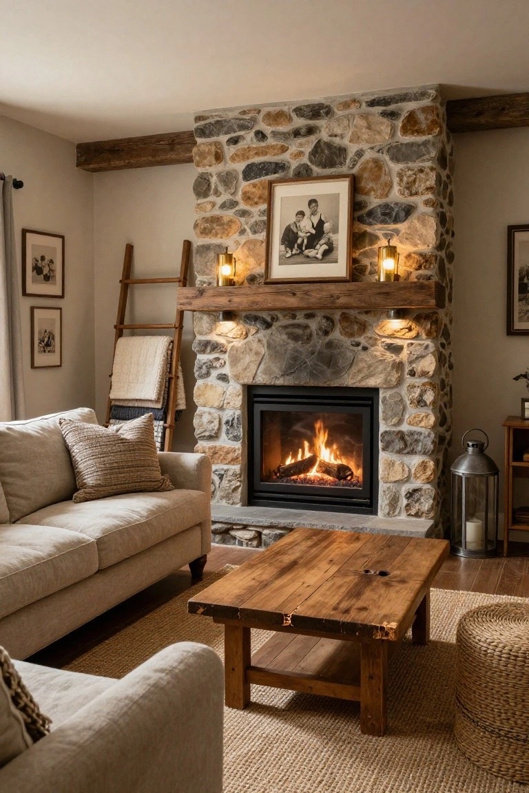 Living room with beige linen sofa, wooden coffee table, seagrass rug, and woven pouf in front of a tall stone fireplace featuring a burning fire, wooden mantel with framed photos and lanterns, flanked by wall sconces, ladder with blankets nearby, and black-and-white photos on walls.