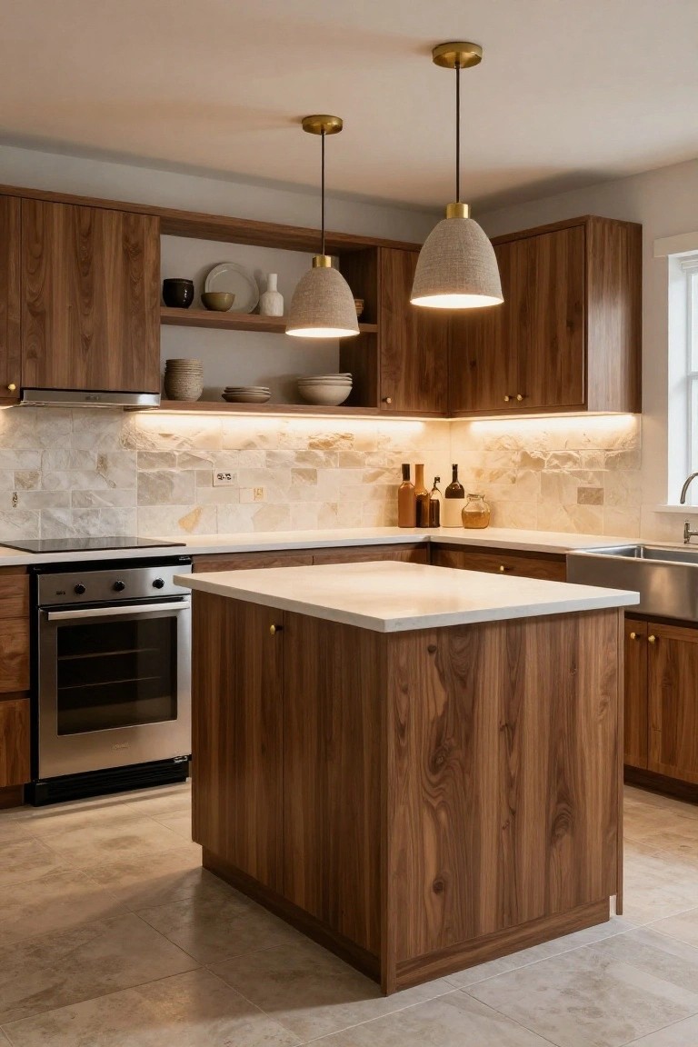 Modern kitchen with walnut cabinets, white quartz countertops and island, beige textured pendant lights hanging from gold cords, under-cabinet LED strips, stone backsplash, stainless appliances, and beige tile floor.