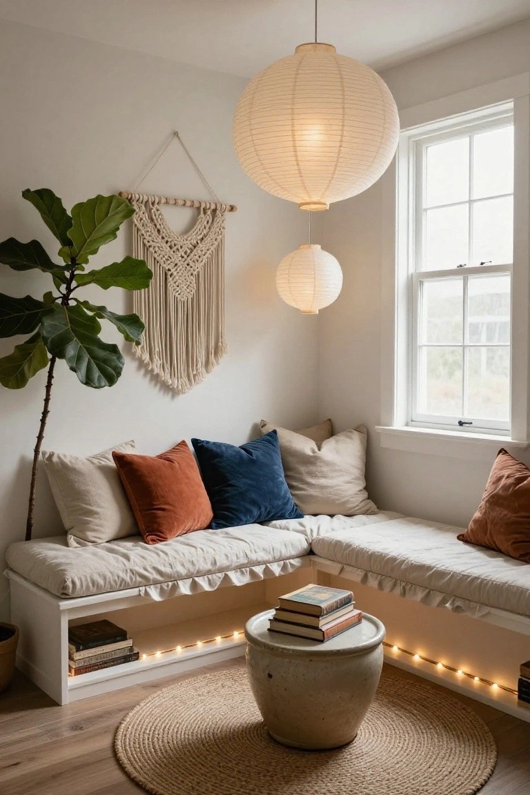 Cozy indoor room corner featuring a white built-in L-shaped bench with beige linen cushions, rust and navy pillows, open shelves holding books underneath lit by white LED strip lights, two hanging white paper lanterns, a potted fiddle leaf fig plant next to a macrame wall hanging, a ceramic stool with stacked books on a round jute rug, and a window nearby.