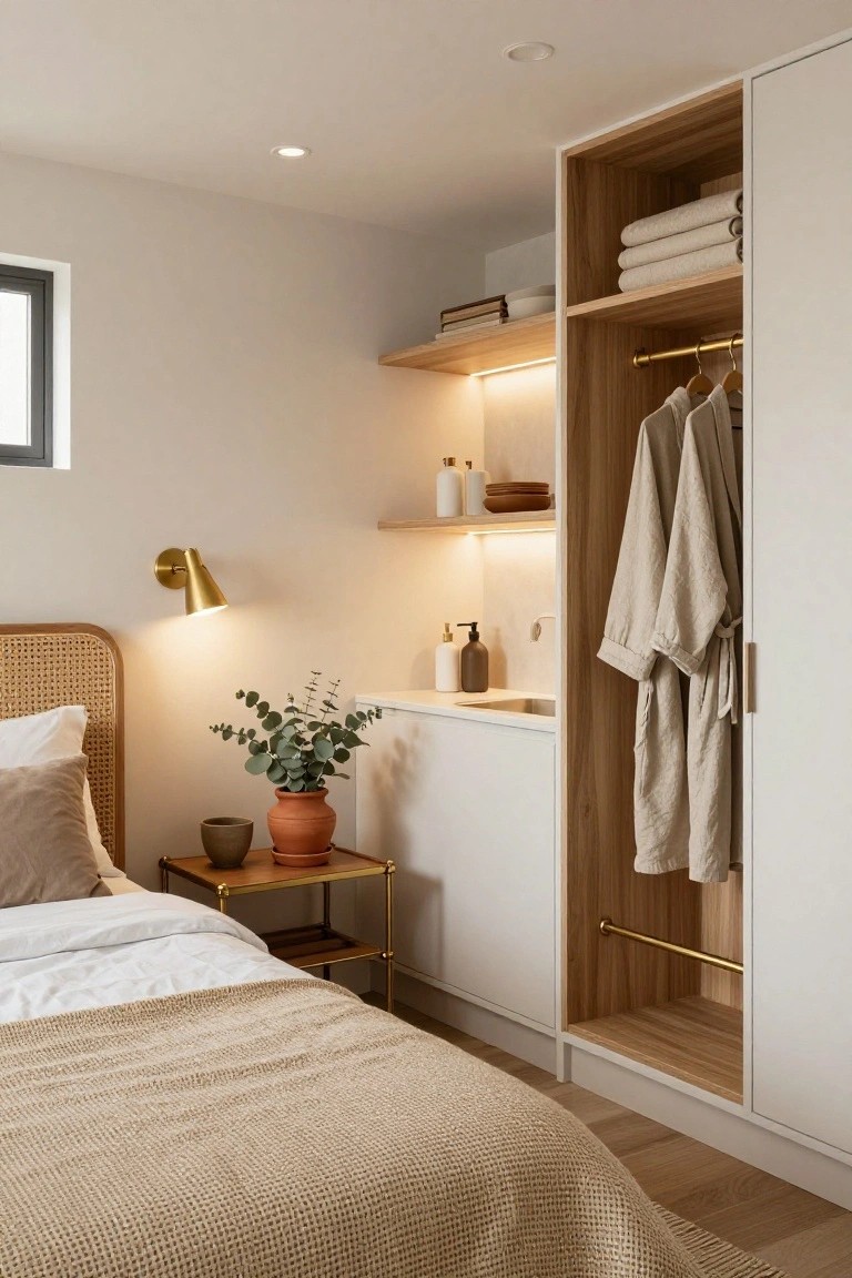 Bedroom interior with open built-in white wardrobe featuring wooden shelves lit by warm LED strips under the shelves, stacked white towels, hanging robes, rattan headboard bed with beige bedding, gold wall sconce, potted eucalyptus plant, and small sink area.