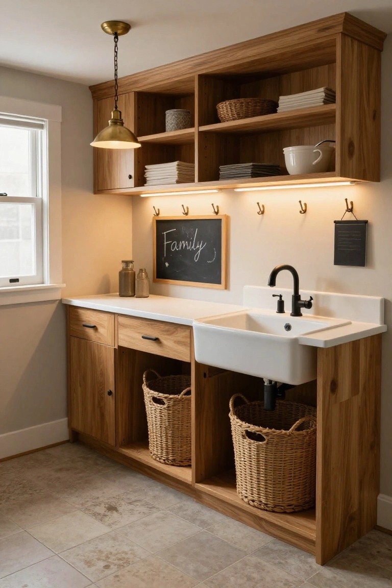Wood cabinet laundry room featuring open shelves with baskets and linens, white farmhouse sink, brass pendant light, hooks, chalkboard, and wicker laundry hampers.