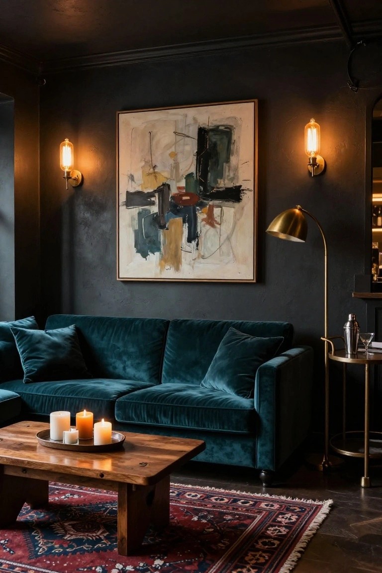 A cozy, dark living room with a teal velvet couch, art piece, and candles.
