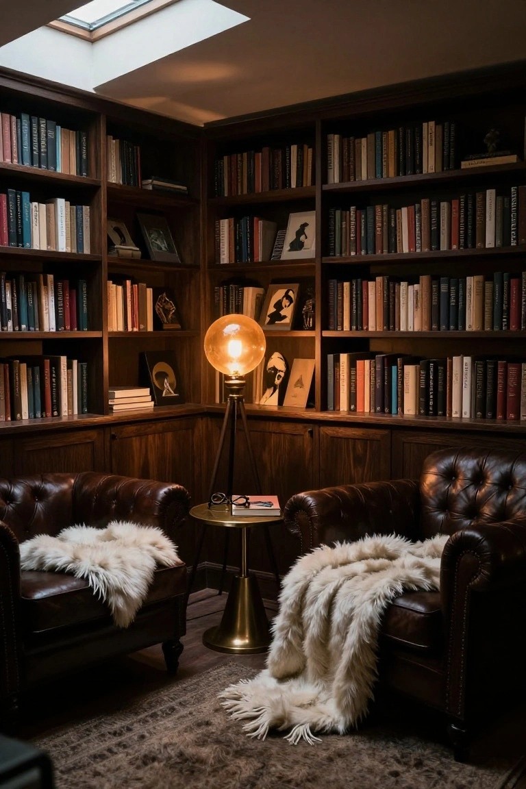 Corner of a dark wood-paneled library room with floor-to-ceiling bookshelves, two brown leather armchairs draped in white sheepskin throws, a brass tripod floor lamp topped with an amber glass globe shade between them, a small table with books and glasses, and a skylight overhead.
