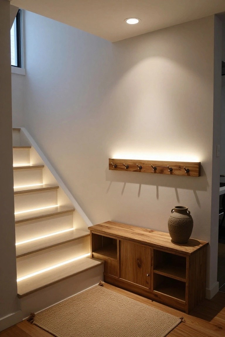 Indoor staircase with LED strip lights glowing under each white oak step, wooden coat rack with backlit LED shelf on the wall, matching bench with storage below, and a woven rug on the wood floor.