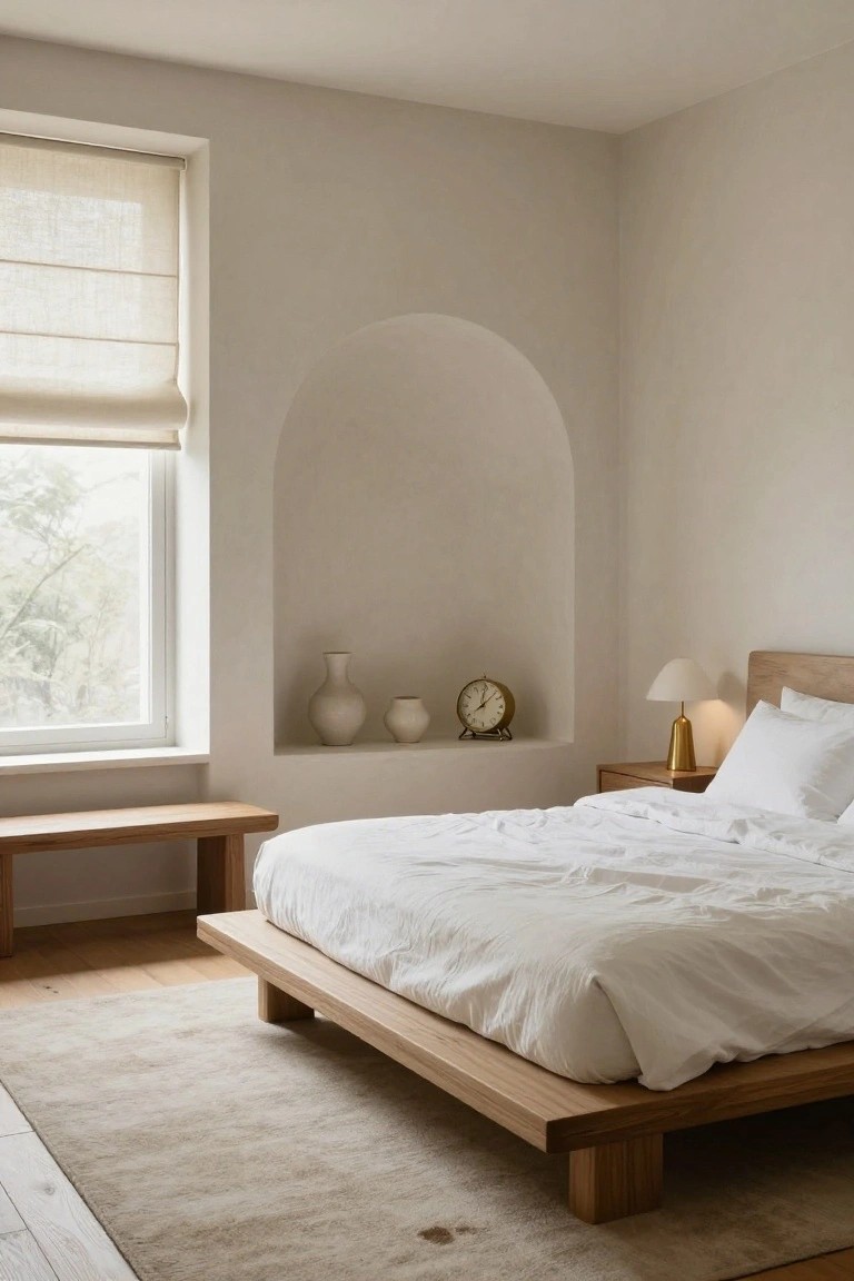 A minimalist bedroom with a low wooden platform bed draped in white linens, an arched wall niche containing two white ceramic vases and a gold clock, a wooden bedside table with a lamp, a wooden bench, beige walls, a linen roman shade on the window, and light wood floors with a cream rug.