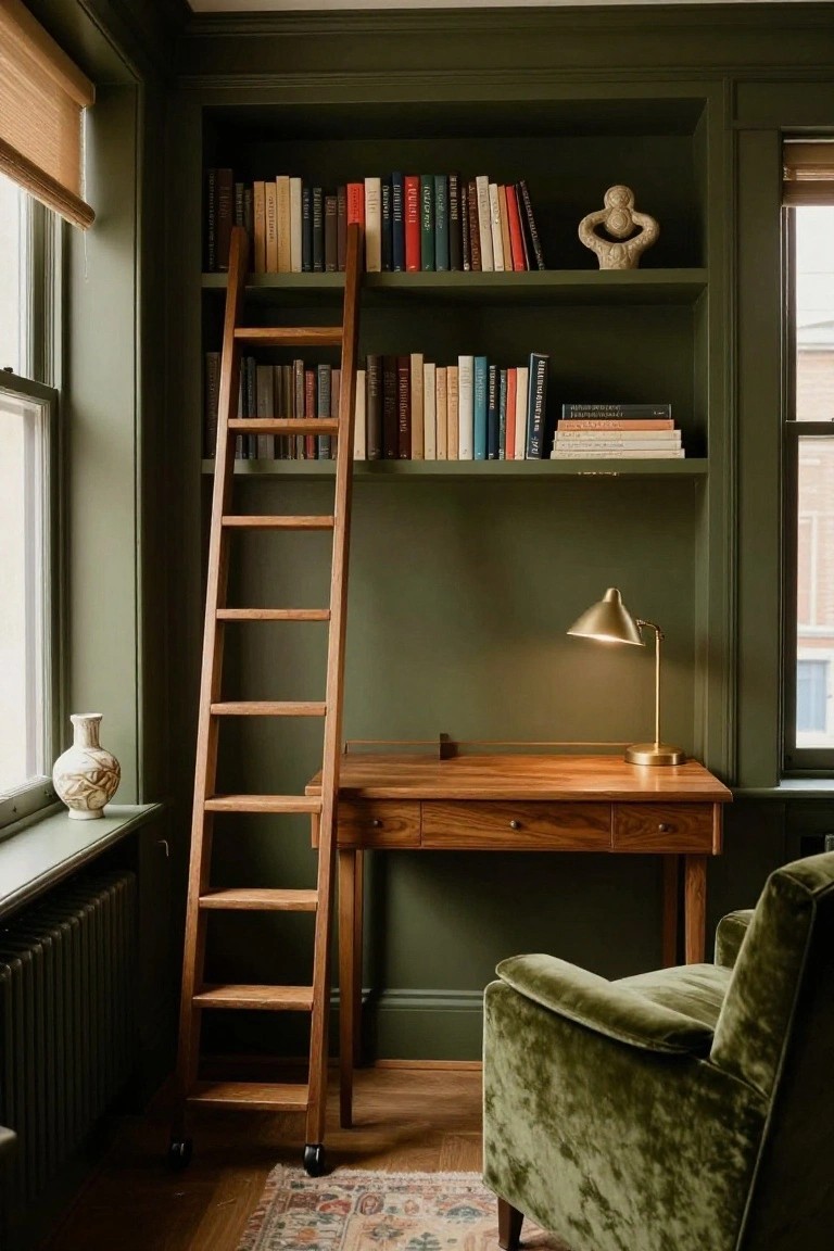 Green study room with tall wooden built-in bookshelves, rolling oak ladder, wooden desk with brass lamp, white vase on windowsill, green velvet armchair, and patterned rug on wood floor.