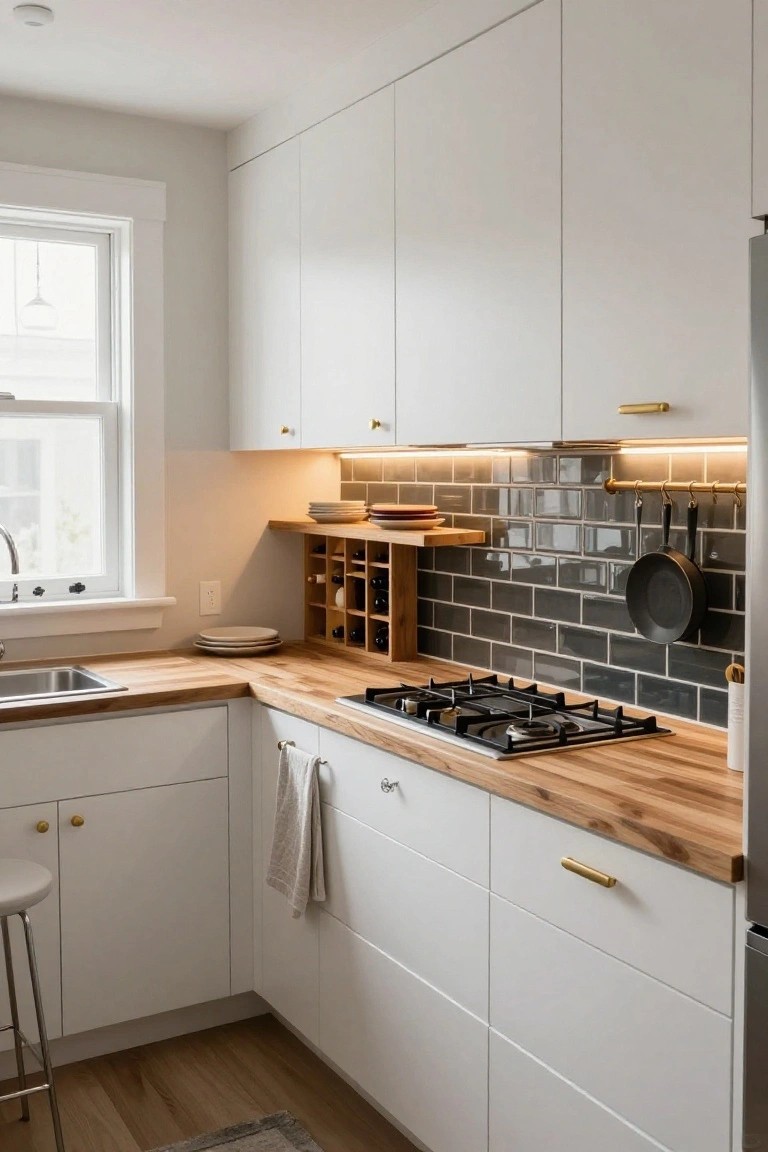Corner view of a compact white kitchen with light wood butcher block countertops, gas cooktop, dark gray subway tile backsplash, hanging cookware, and a bar stool nearby.