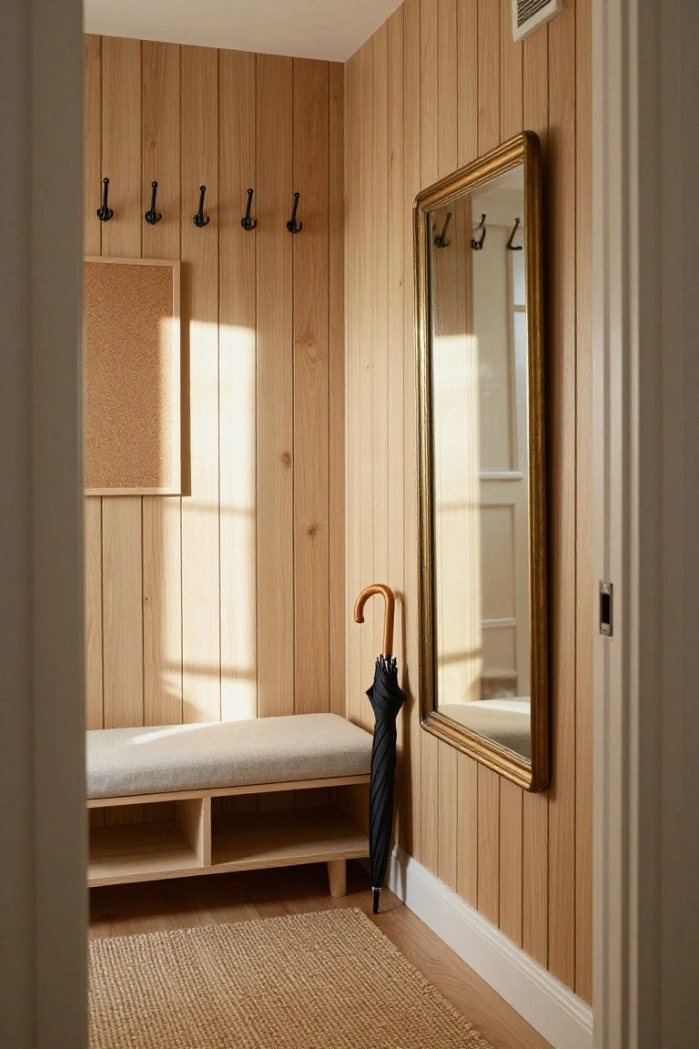 Wood-paneled entryway with rows of black wall hooks, gold-framed mirror, cork bulletin board, beige cushioned bench on wood legs with open cubbies below, black umbrella leaning nearby, and seagrass rug on floor.