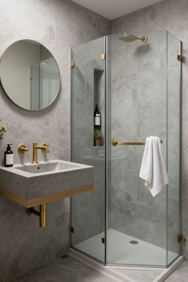 Modern compact bathroom with gray stone-look tiled walls and floor, floating gray sink with brass faucet and wood shelf underneath, round brass-framed mirror, glass shower enclosure with brass fittings and hardware, and a white towel on brass bar.
