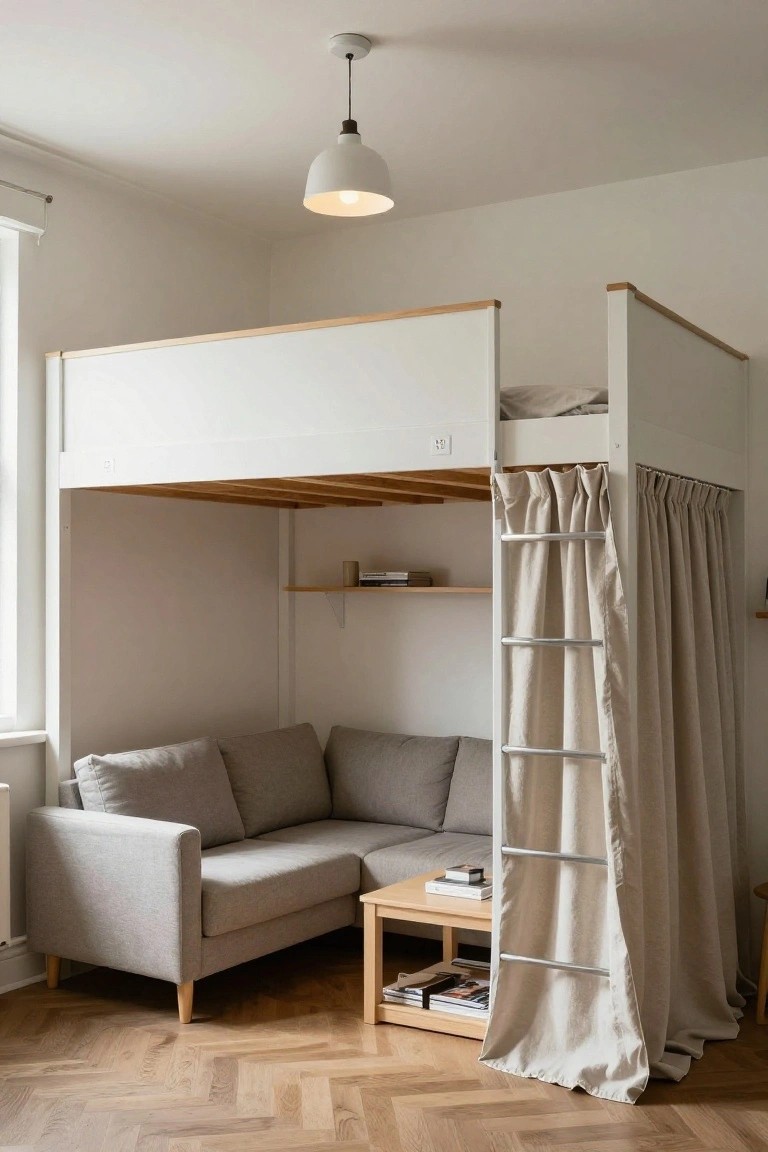 A small apartment room with a white loft bed raised on wooden slats, accessed by a metal ladder with beige curtains for enclosure, a gray corner sofa and wooden coffee table below, shelves on the wall, and herringbone wood flooring.