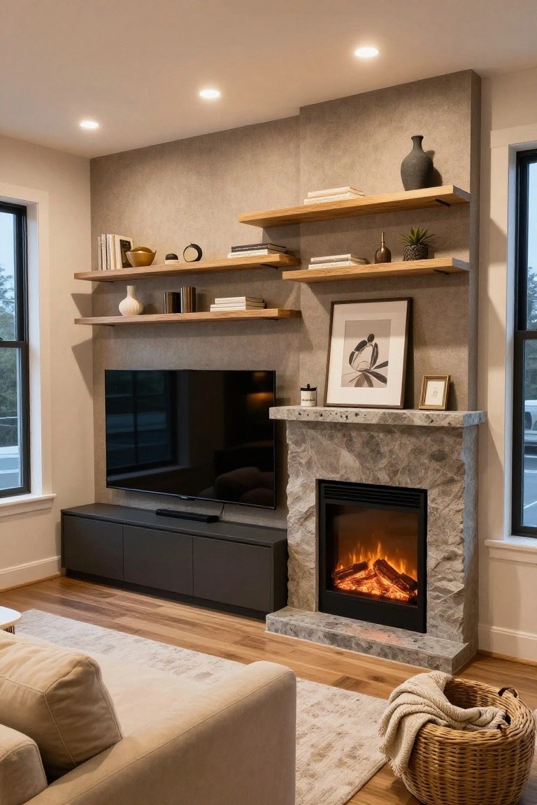 Modern living room with wall-mounted black TV above gray stone electric fireplace, flanked by floating oak shelves holding books, vases, plants, and art on textured wall, beige sofa on wood floor.