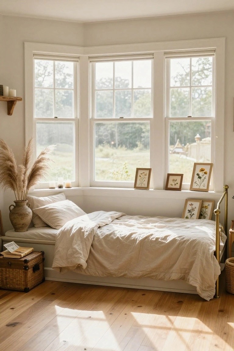 Bay window with a low brass-framed daybed covered in white linens, pampas grass in a terracotta pot nearby, botanical prints on the sill, and wicker boxes on wooden floors in a light beige room.