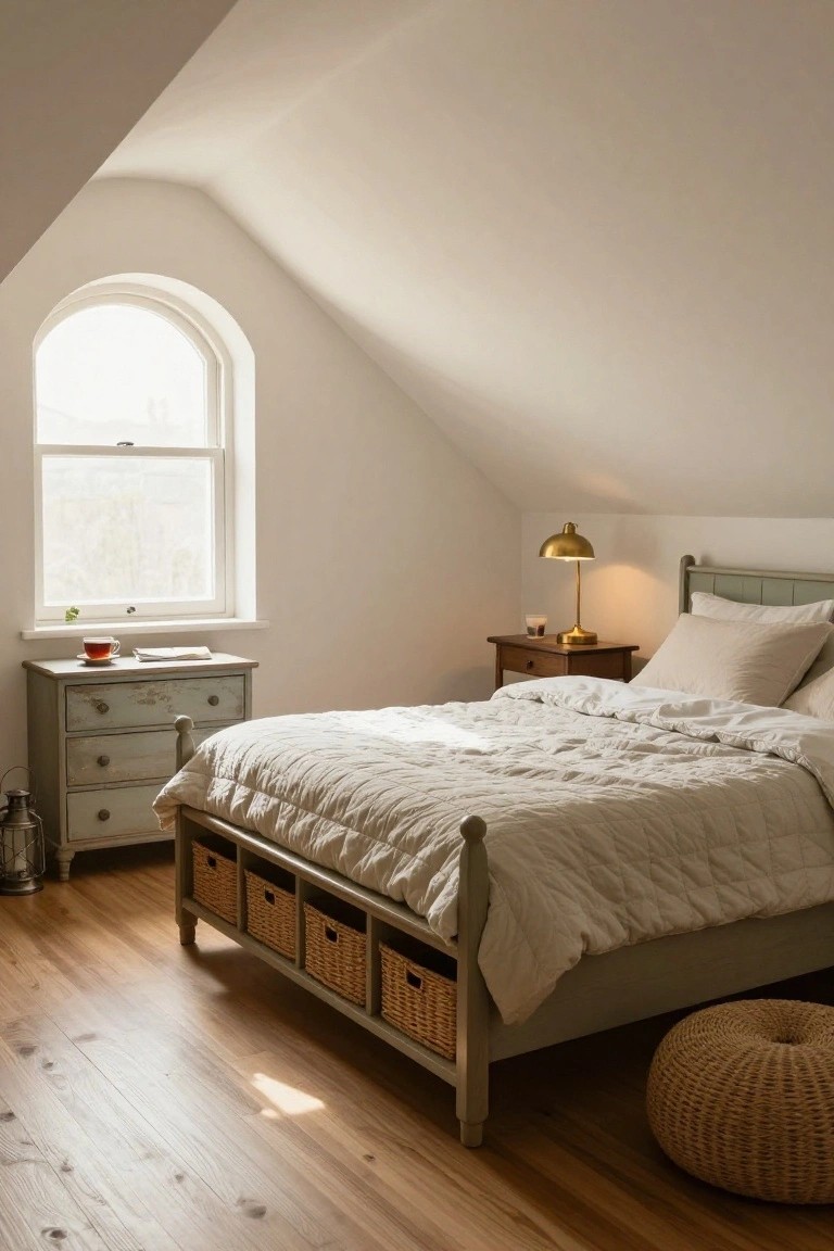 A cozy attic bedroom with white sloped ceilings, an arched window letting in light, a green-painted wood bed frame with wicker basket drawers underneath, white quilted bedding, wooden nightstands, a lantern, and hardwood floors.