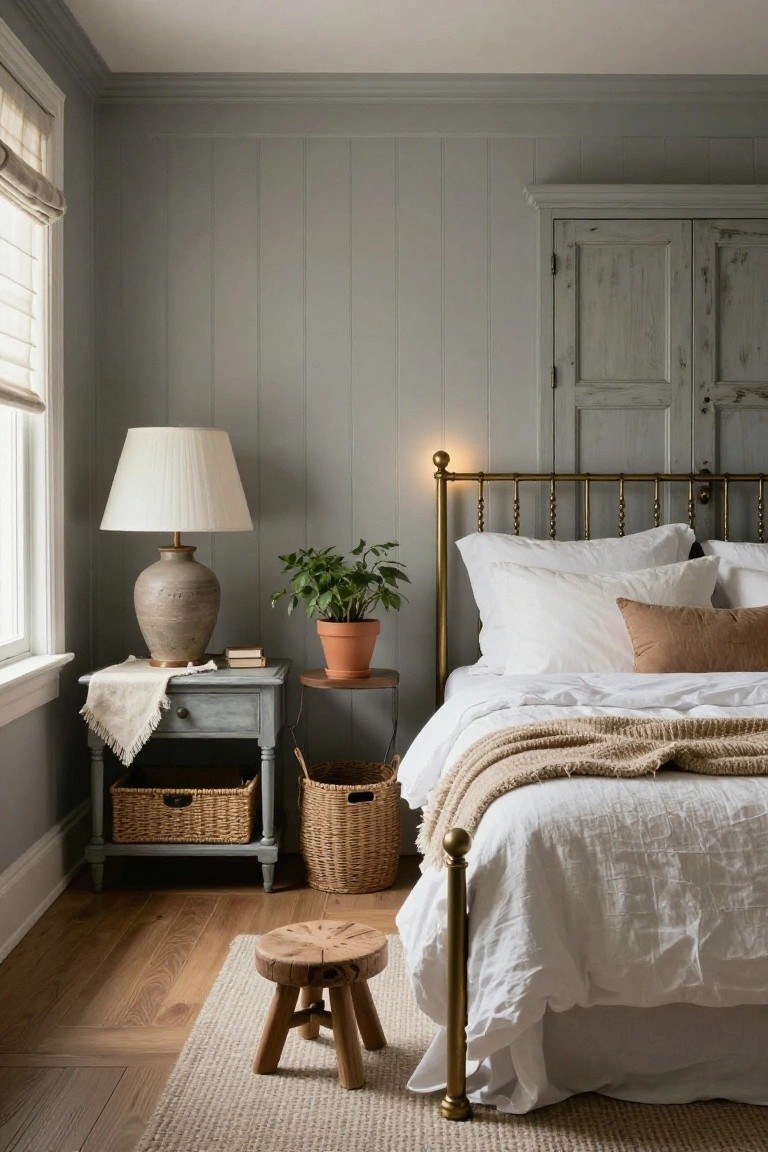 Bedroom with gray shiplap walls, brass bedframe with white bedding and tan throw, bedside table holding lamp and books with plant on stool beside it, woven baskets, antique armoire, sheer window curtain, and wood stool on hardwood floor with rug.