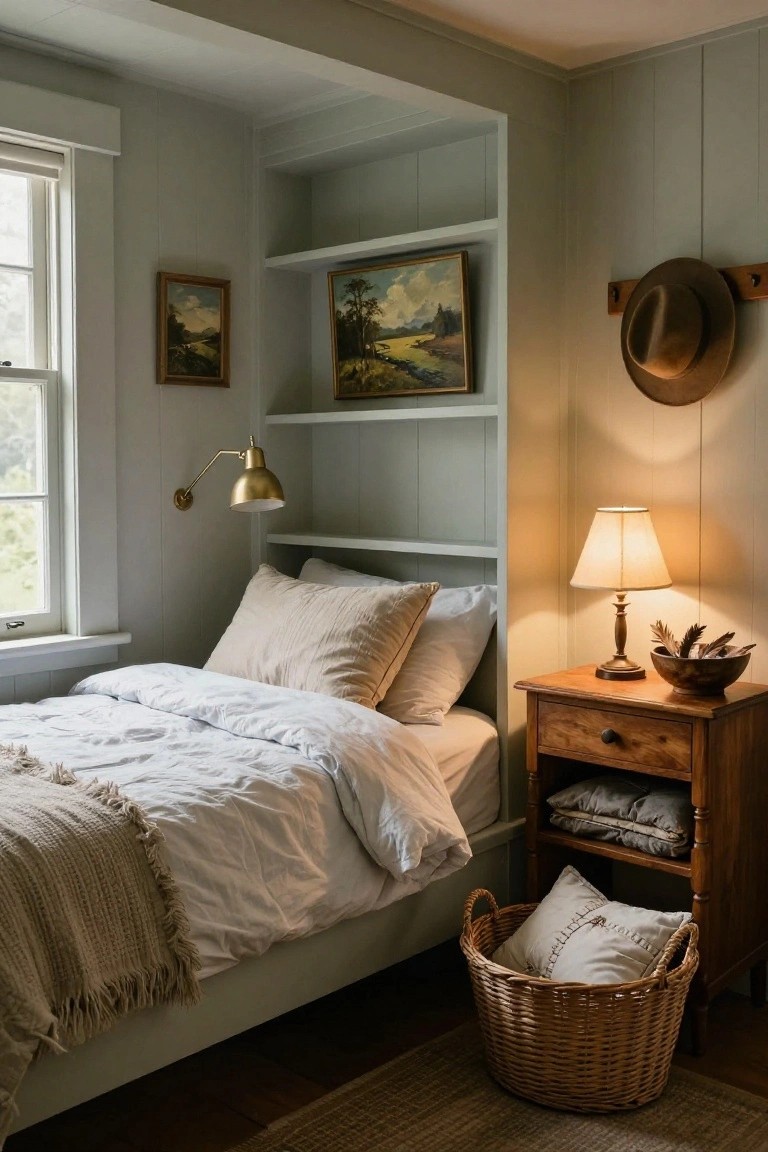 Cozy single bedroom featuring a bed in a built-in alcove with pale green shiplap walls and wooden shelves holding artwork, brass wall lamp above the bed, wooden nightstand with table lamp and wooden bowl containing feathers, stacked linens on shelf, wicker basket with pillow on floor, and seagrass rug.