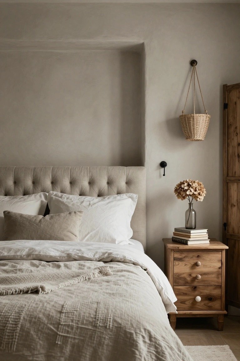 Beige tufted upholstered headboard on a bed with layered white and beige linens and pillows, wooden nightstand holding stacked books and dried hydrangeas in a glass vase, hanging wicker basket on wall, neutral walls and wooden door.