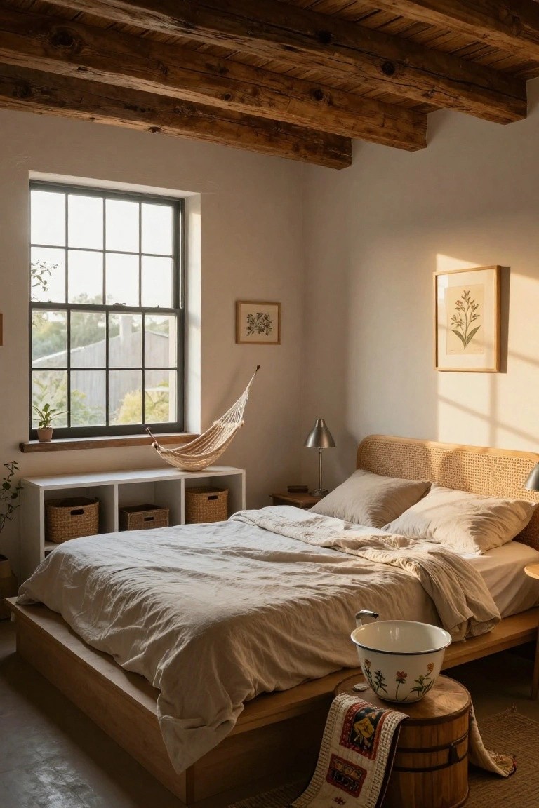 Bedroom with dark exposed wooden beams on the ceiling, white walls, large black-framed window overlooking greenery, beige rattan headboard bed with rumpled white linen bedding, hammock nearby, and wooden stool holding a white basin.