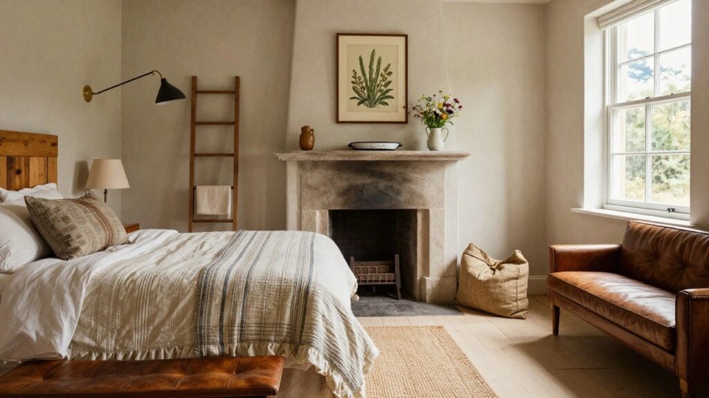 Bedroom interior with pale walls, large window overlooking fields, stone fireplace, wooden ladder and bench, bed with white sheets and striped quilt, tan leather bench at foot of bed, jute rug, plants in vases, and table lamps.