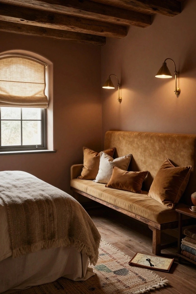 Bedroom corner with terracotta walls, exposed wooden ceiling beams, mustard velvet bench piled with pillows next to a low bed with textured white bedding, brass sconces, arched window with linen shade, wood floor, woven rug, and open vintage map book with key.
