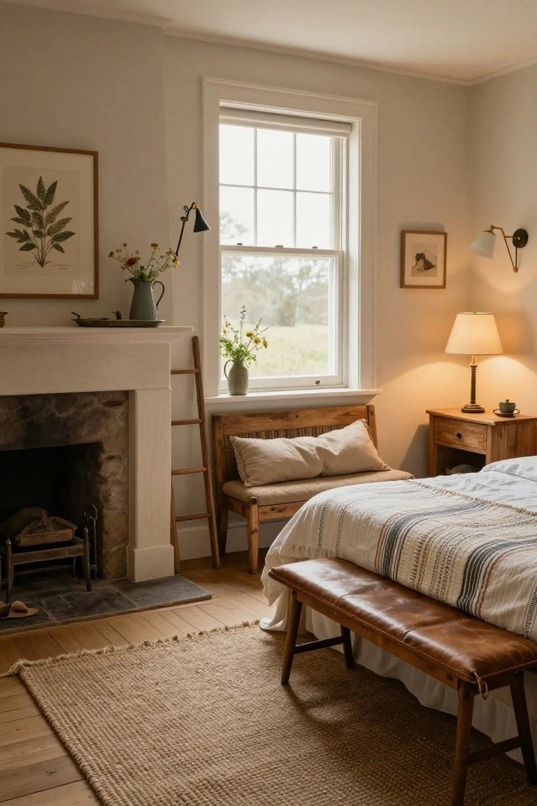 Bedroom interior with pale walls, large window overlooking fields, stone fireplace, wooden ladder and bench, bed with white sheets and striped quilt, tan leather bench at foot of bed, jute rug, plants in vases, and table lamps.