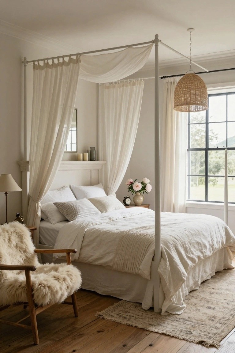 White four-poster bed with sheer white curtains draped from the posts, white bedding, fluffy white chair, wooden side table, large window with rattan lamp, and light wood floors in a bedroom.