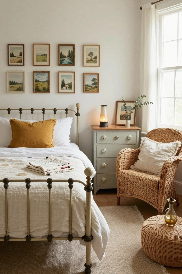 Bedroom corner with white iron bed covered in beige linens and yellow pillow, gray dresser topped with lamp and eucalyptus, wicker armchair with white pillow, footstool with vase, and wall of small framed watercolor landscape paintings beside window with sheer curtains.