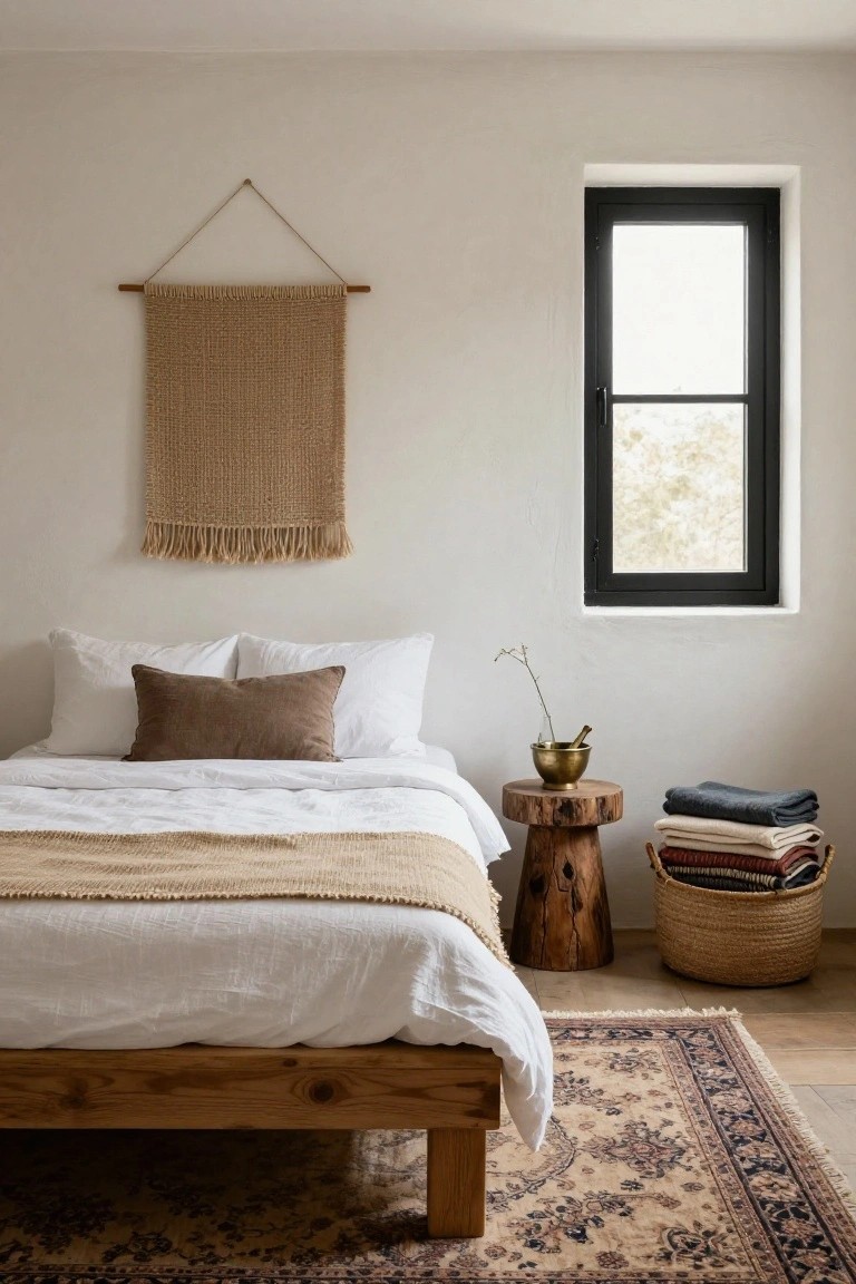 Cozy bedroom with a wooden bed, neutral linens, woven wall art, and a side table.