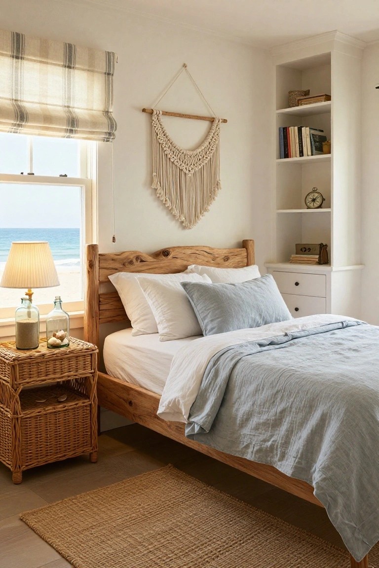 Cozy bedroom with rustic live-edge wooden bed frame, white and light blue bedding, macrame wall hanging, wicker nightstand, bookshelves, and window view of beach and ocean.