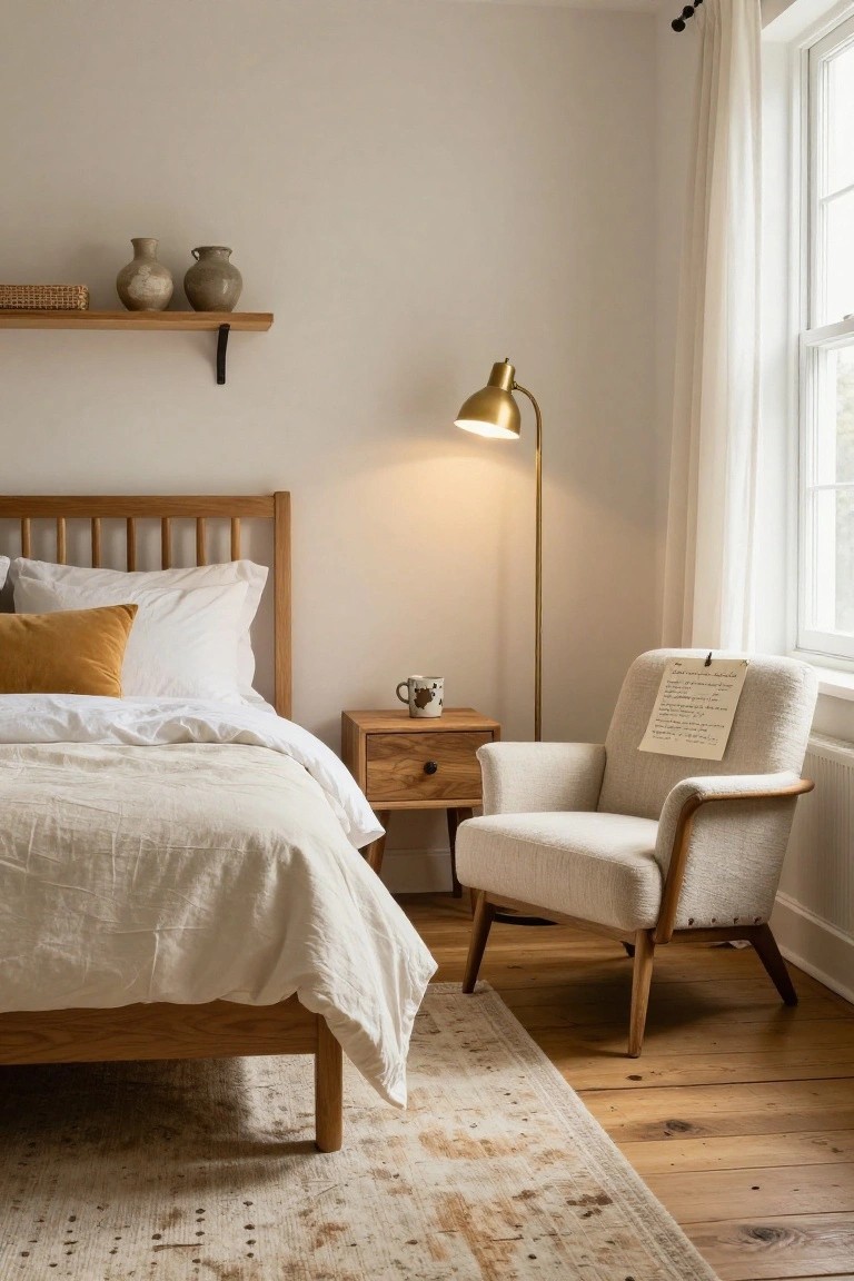 Bedroom interior with light wooden spindle bed frame and white linens including a mustard pillow, wooden nightstand holding a mug, cream upholstered armchair with paper clipped to back, gold arched floor lamp, floating oak shelf with pottery and basket, sheer window curtains, hardwood floor with beige rug.