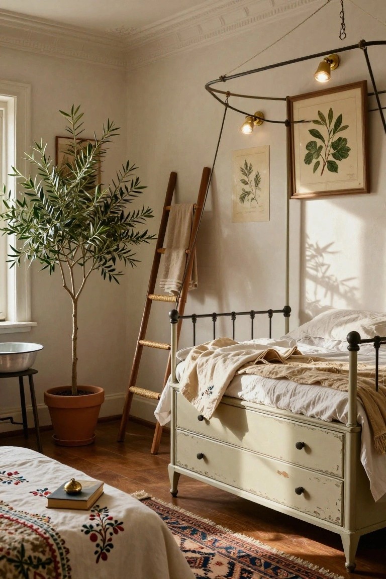 Bedroom interior with tall potted olive tree near black iron bed under arched metal canopy with pendant lights, distressed green dresser, wooden ladder with towel, botanical prints, and beige walls.