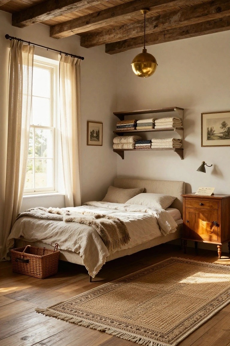 A cozy bedroom with exposed wooden ceiling beams, open wooden wall shelves stocked with folded linens and blankets, a low bed with white linen sheets and fur throw, wooden nightstand, and large window with sheer cream curtains.