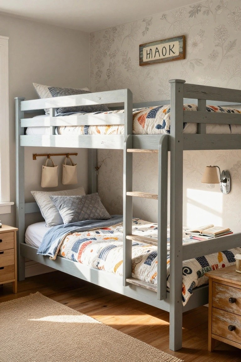 Gray wooden bunk bed against floral-patterned wallpaper in a light bedroom with colorful quilts, cloth baskets on rails, a wall lamp, and wooden dressers nearby.