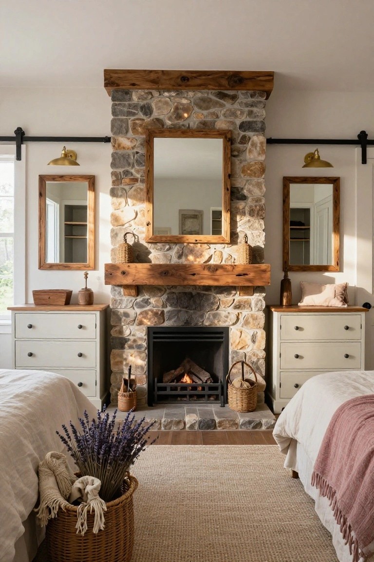 A farmhouse-style bedroom with a central tall stone fireplace under a wooden mantel, gas flames lit, white dressers and mirrors flanking it, two beds with linens, wicker baskets, and lavender bundle nearby.