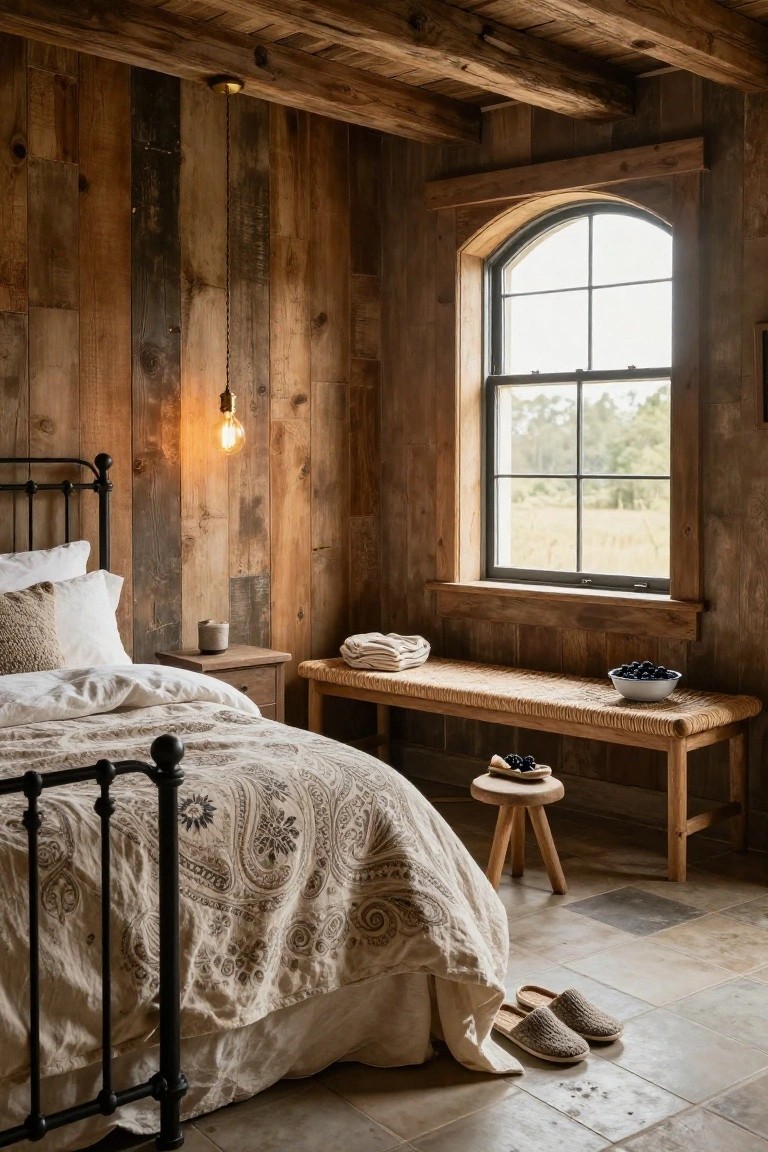 Bedroom with vertical weathered wood plank walls and ceiling beams, black wrought iron bed with white patterned bedding, wooden side table and bench with blueberries and grapes, arched window overlooking fields.