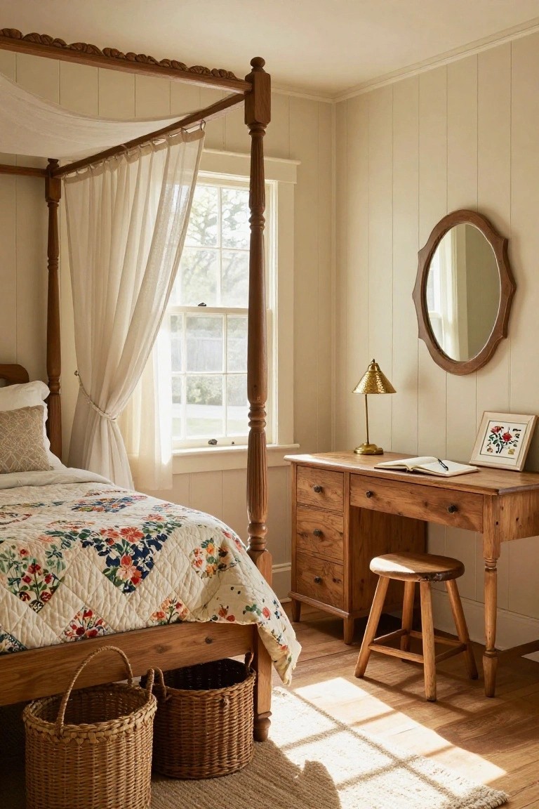 A sunlit farmhouse bedroom with a wooden four-poster bed draped in sheer white fabric, colorful floral quilt on the mattress, wooden desk with lamp and open notebook, oval mirror on the wall, and wicker baskets on the floor.