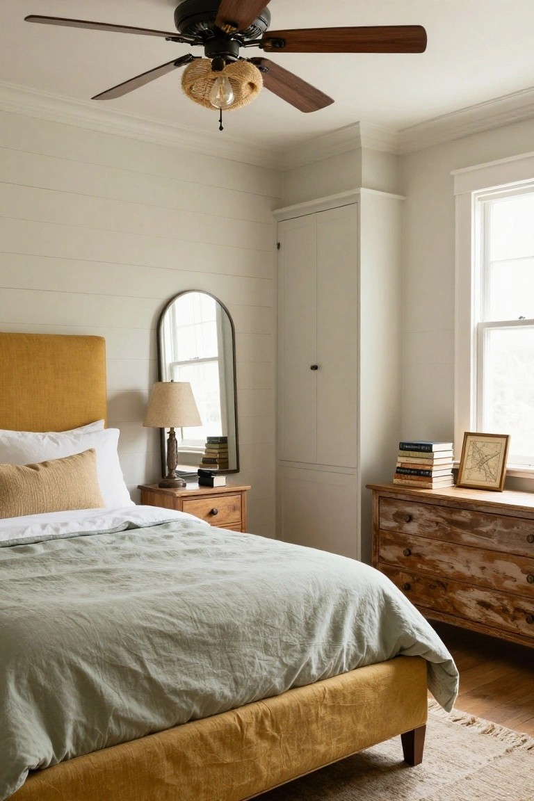 Farmhouse bedroom with mustard yellow upholstered headboard on a bed draped in sage green linens, wooden nightstand topped with lamp and books, arched mirror, distressed wood dresser, tall white wardrobe, shiplap walls, and ceiling fan with seagrass shade.