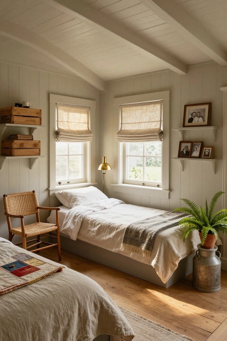 A small farmhouse-style bedroom with whitewashed vertical board walls and vaulted ceiling featuring exposed beams, two low platform beds draped in white linens and gray throws, a rattan armchair, wooden wall shelves holding photo frames, linen roman shades on multipane windows, and a potted fern next to a galvanized milk can on hardwood floors.