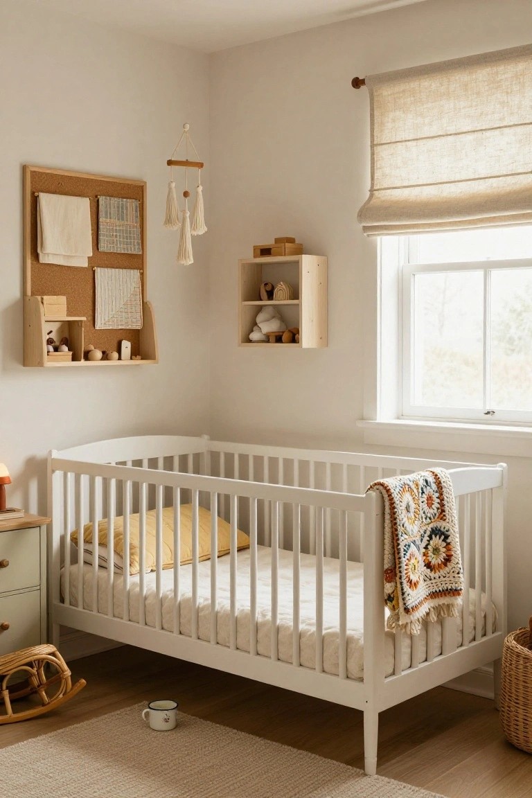 A beige nursery with a white crib draped in a colorful crochet blanket and yellow pillow, wooden shelves displaying natural toys, a rocking horse on the floor, linen window shade, and changing table nearby.