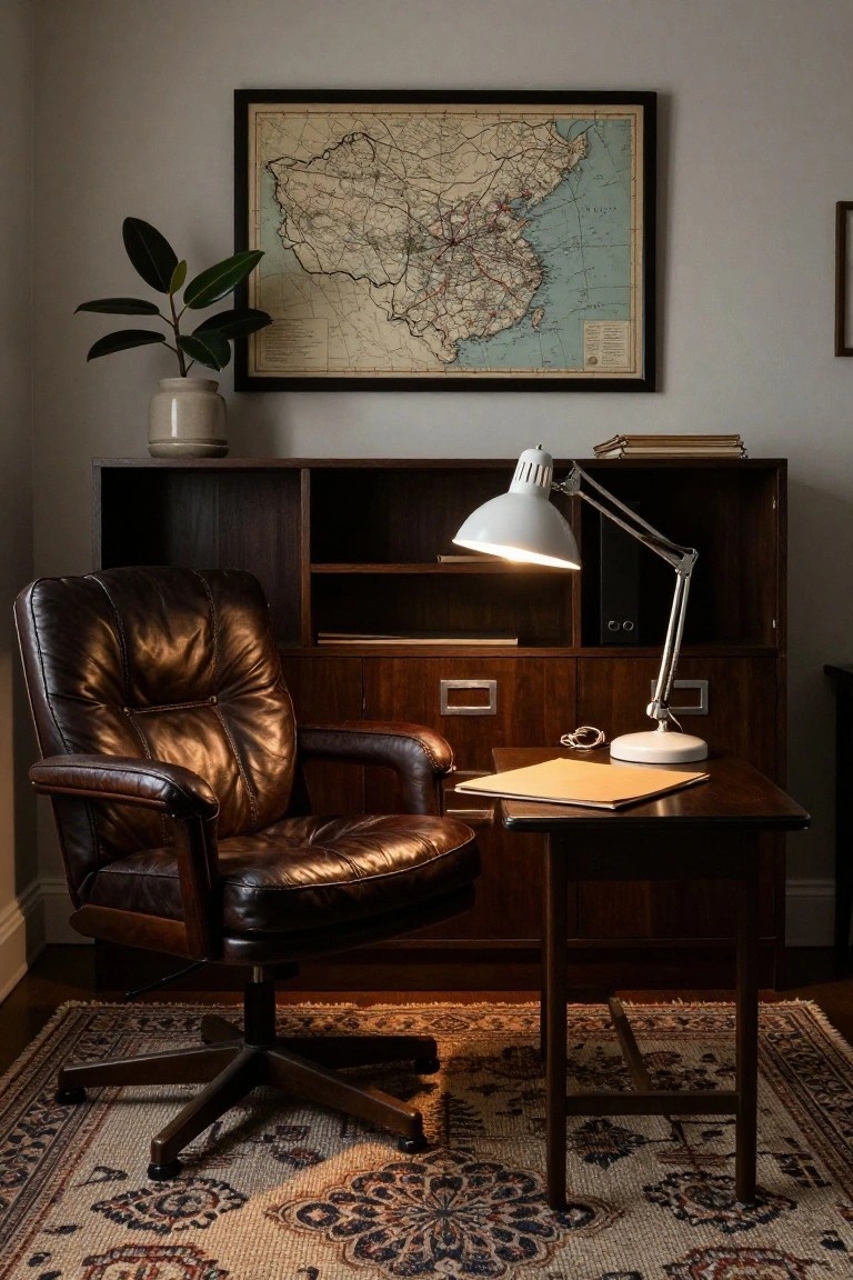 Brown leather swivel armchair at a wooden desk lit by a white adjustable desk lamp, next to a wooden credenza with books and a potted plant, large framed map on gray wall, patterned rug on floor.