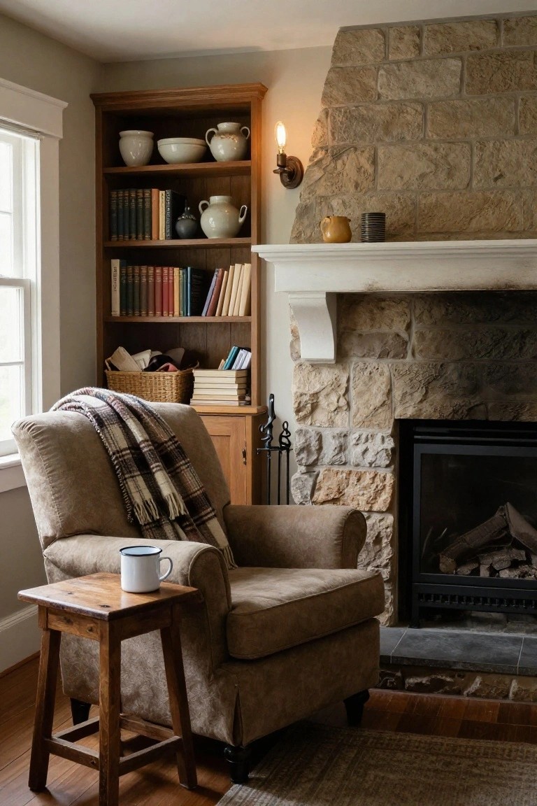 Cozy interior reading nook with beige armchair draped in plaid blanket, wooden side table holding white enamel mug, open bookshelves with books and pottery, stone fireplace with fire, and brass wall sconce with exposed bulb on the wall.