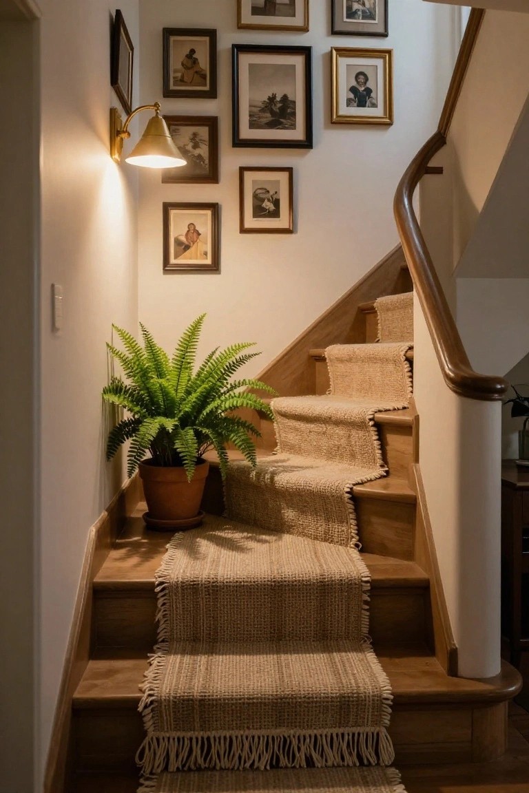Wooden staircase with beige braided carpet runner, large fern plant in terracotta pot at the base, gallery wall of assorted framed black-and-white and color photos, and brass wall sconce emitting warm light on the adjacent wall.